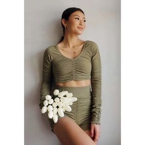 Fabletics Anya Long Sleeve High Wasted Olive Seamless Ruched Set